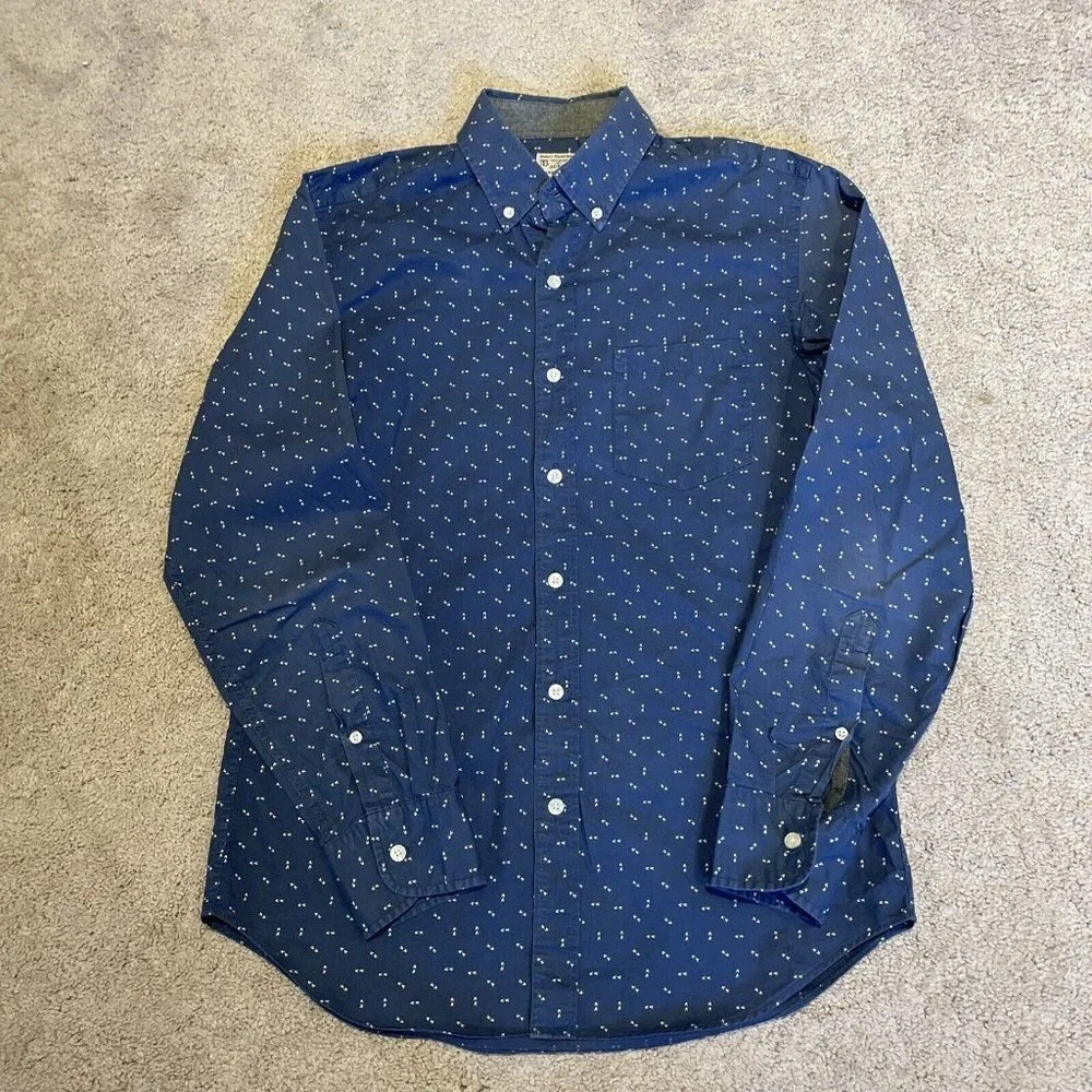 J. Crew Mens Quality Woven Shirt Navy Print Long Sleeve Button Down Sz Small S